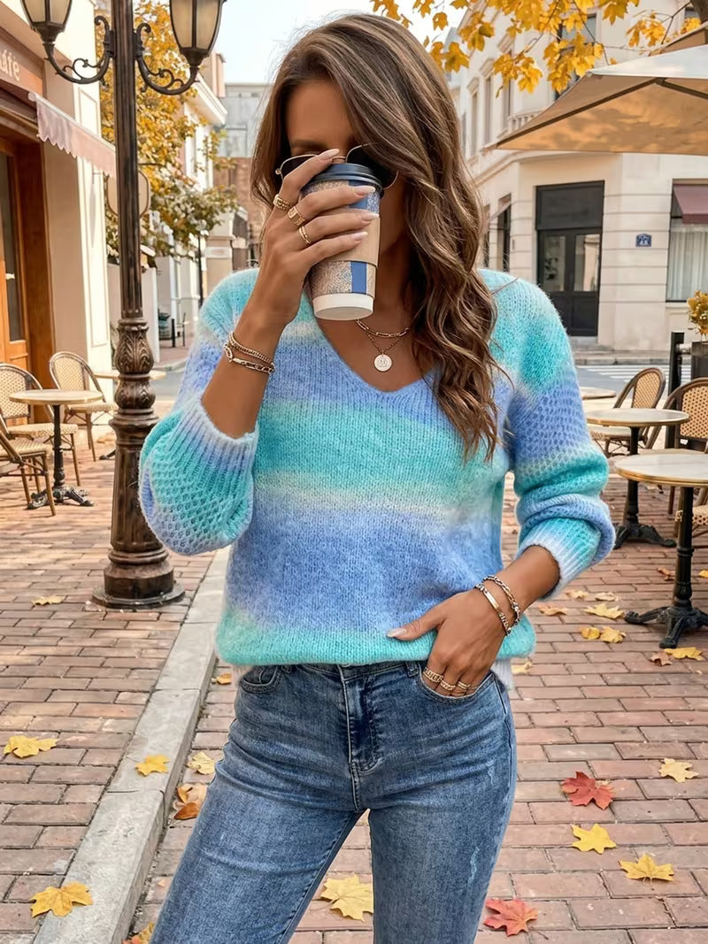 V-Neck Sweater with Random Gradient Color Pattern — view 6