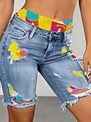 The Last Warm Weekend | Colour-Block Ripped Denim Shorts with Fitness Running Lining