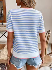 Women's High-Elastic Round Neck Short Sleeve Blouse-Compatible Shirt | Striped Color-Blocking Suitable for — view 5