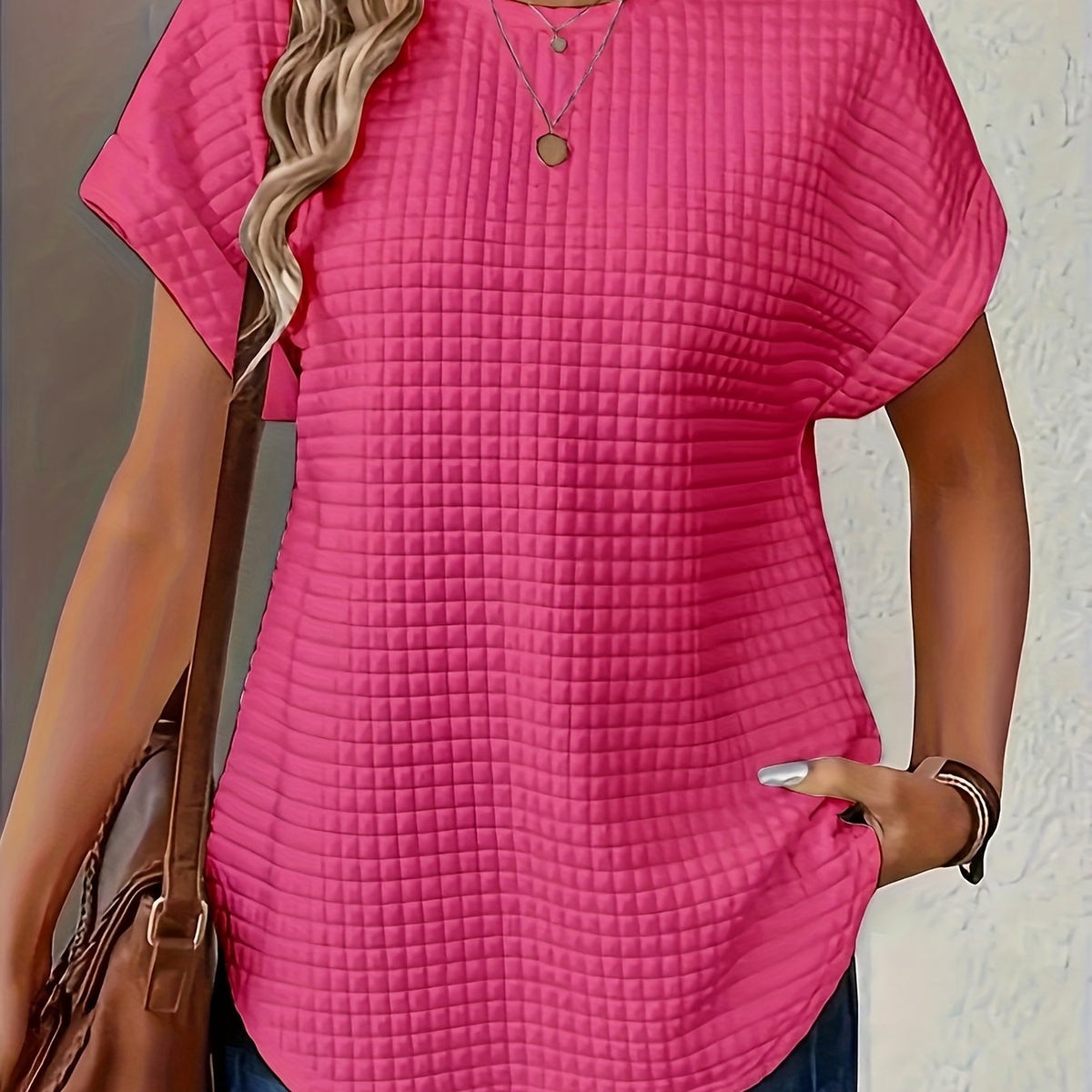 Solid Round Neck Batwing Sleeve T-Shirt Top Loose Short