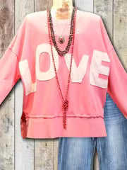 "LOVE" Three-dimensional Pattern Stitching Round Neck Casual Sweatshirt, Applique Loose Shoulder Top, Side Slit — view 8