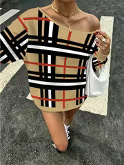 New European and American Fashion Hot Style Off-Shoulder Long Sleeve Sweatshirt, Autumn/Winter Classic Plaid — view 2