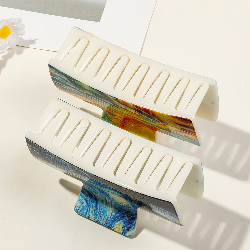 3pcs Set of Artistic And Minimalist Square Hair Claw Clips for Women with Van Gogh Oil Painting Style, Back of Head Hair Clip