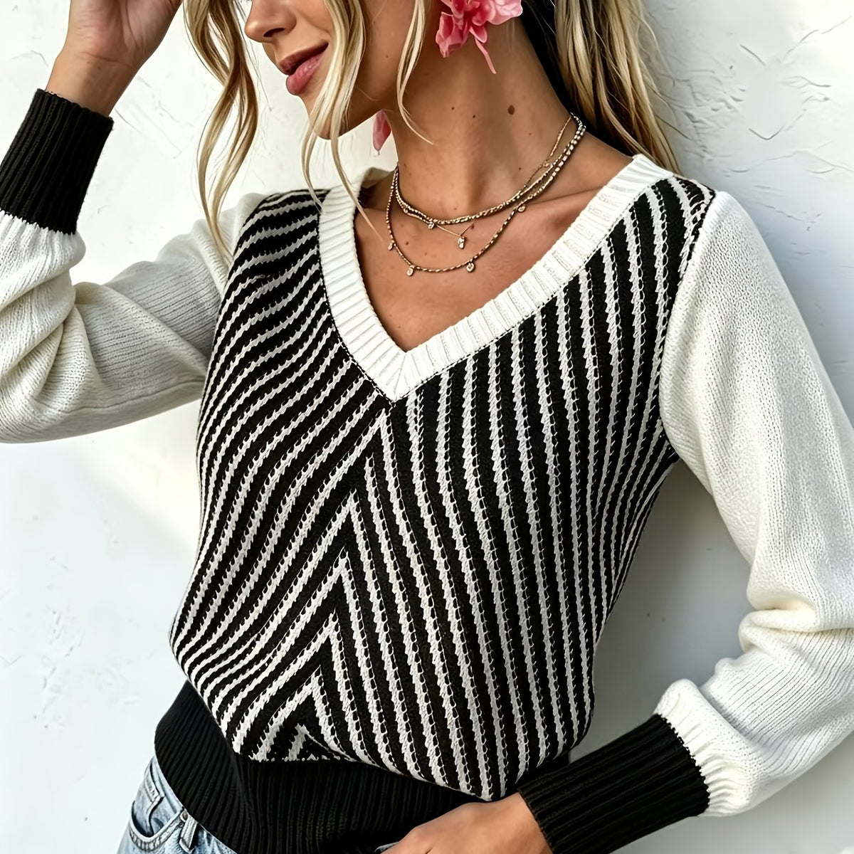 Color-Block V-Neck Sweater for Women