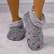 Women'S Comfortable Indoor Short Boots - Black Soft Sole with Colorful Polka Dot Pattern, Warm Fleece Lining — view 7