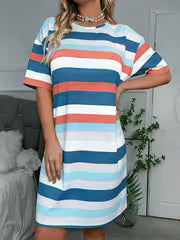 Women's Colorful Striped Print Short Sleeve Round Neck Loungewear Top, Casual Loose Fit Suitable for Spring and — view 4