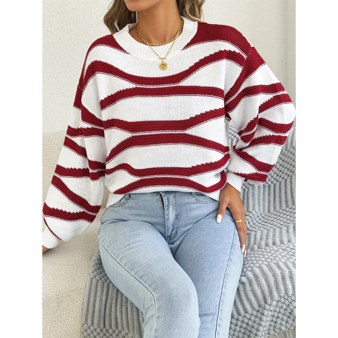 Color Block Striped Lantern Sleeve Pullover Sweater BJS347