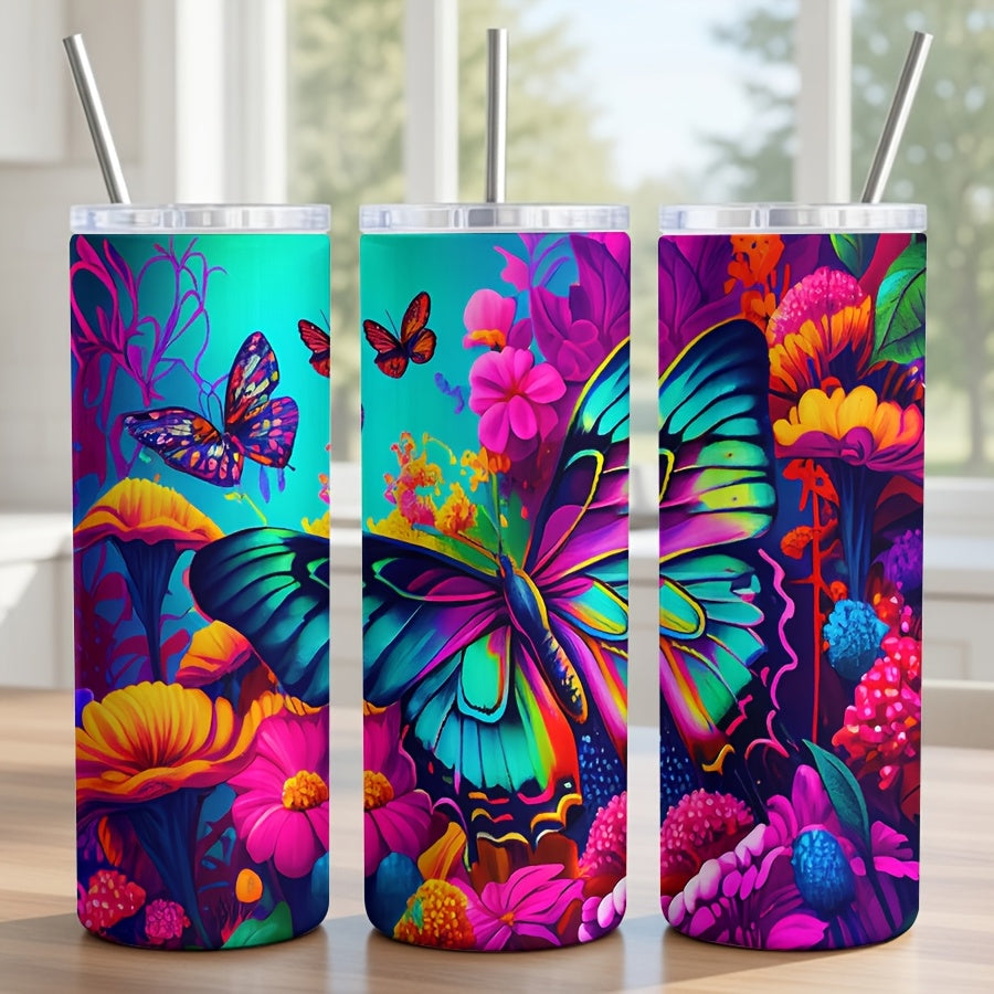 One 20Oz Tumbler with a Vibrant Butterfly And Colorful Floral Design