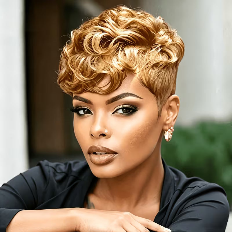 Real Human Hair Wig Suitable for Women & - Short Curly Pixie Cut with Bangs, 180% Density Thick Soft Black — view 10