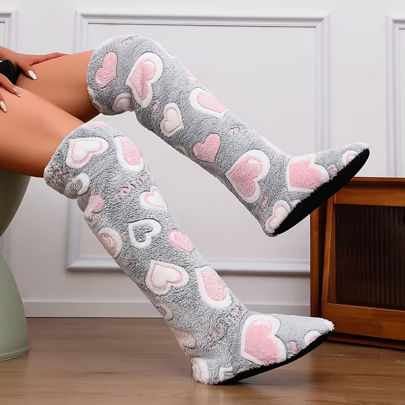 Women's Elegant Over-the-Knee Slippers with Plush Sole & Heart Design - Soft Sole Suitable for Floor Socks,-Fit — view 12