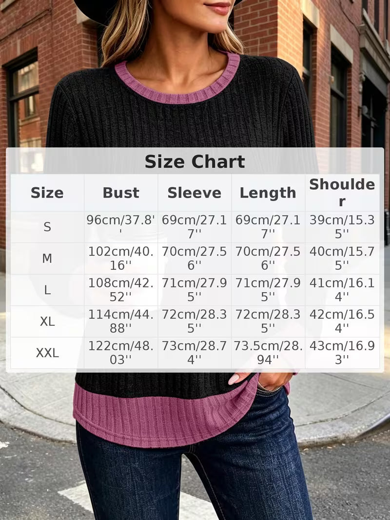 Women's Color Blocked Pit Stripe Round Neck Long Sleeved Contrasting Pullover Casual Loose And Winter Top L XXL — view 7