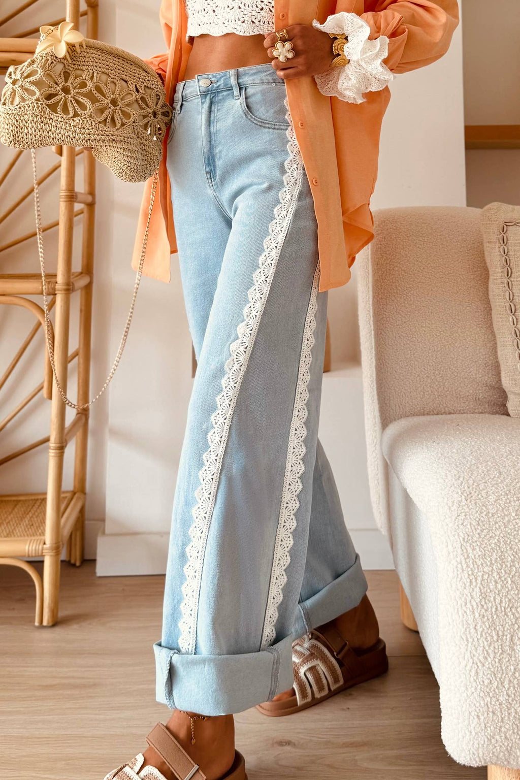 Women's Lace Trim Casual Full-Length Jeans