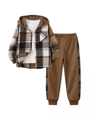 2pcs Autumn And Winter Boys' Fashion Set: Hooded Plaid Shirt + Jogger Pants, Trendy Casual Outdoor Sportswear — view 2