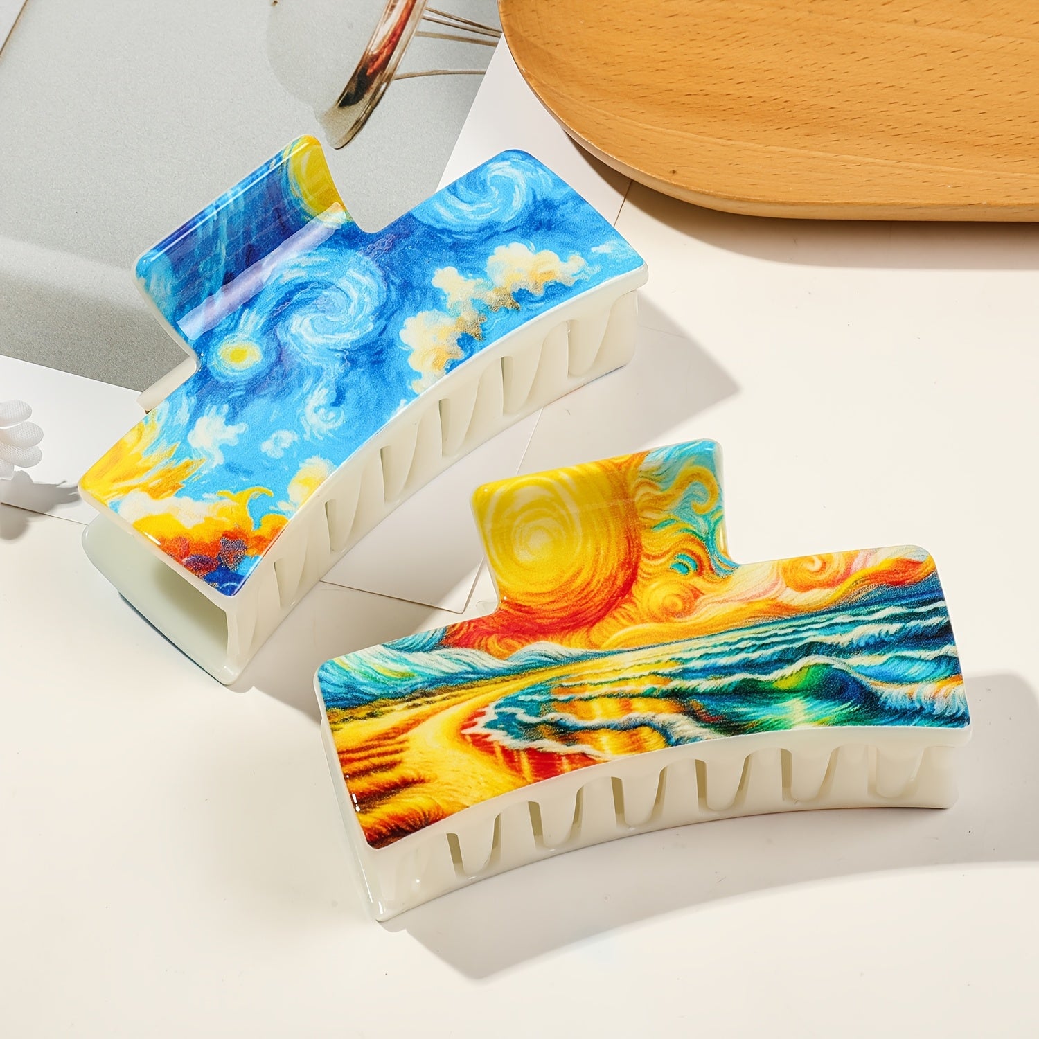3pcs Set of Artistic And Minimalist Square Hair Claw Clips for Women with Van Gogh Oil Painting Style, Back of Head Hair Clip