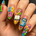 72pcs Almond Gradient Pink Blue Press on Nails Back to School Math Theme 3D Colorful Number 123 Calculator Math Book Pencil Abacus Bow Plus Star Drip Print Fake Nail Tips Glossy Reusable Manicure Nails for Teen Campus Long Nail Decor