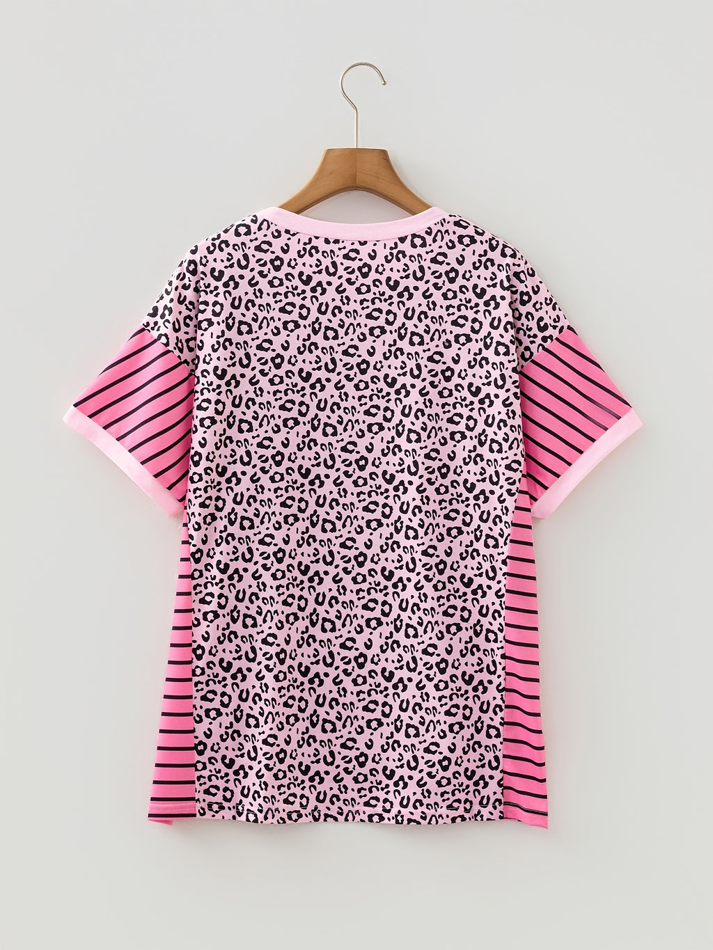 Pink Leopard Striped Patchwork Side Slit Loose Short Sleeve Top