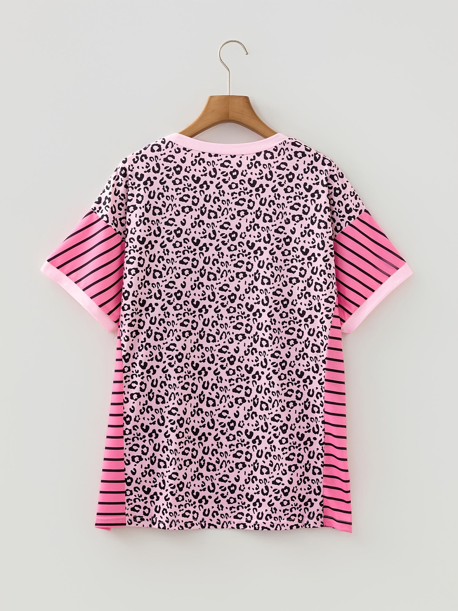 Pink Leopard Striped Patchwork Side Slit Loose Short Sleeve Top