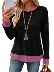 Women's Color Blocked Pit Stripe Round Neck Long Sleeved Contrasting Pullover Casual Loose And Winter Top L XXL — view 1