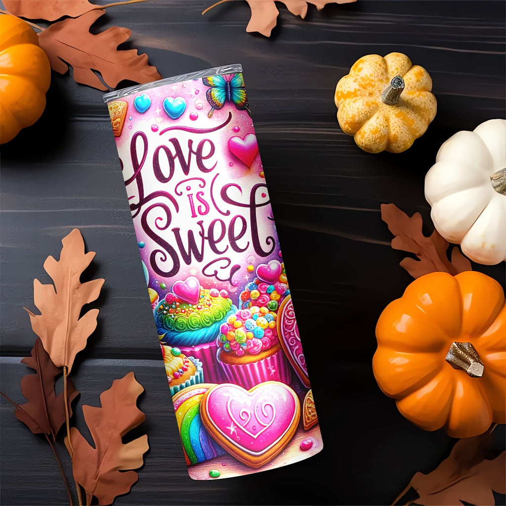 20oz "Love is Sweet" Stainless Steel Water Bottle - Double Wall Insulated, PVC Free, Round Shape, Portable with Lid for Hot and Cold Drinks - For Men & Women - Ideal for Home, Travel, Sports - Perfect Gift for Mom, Lover, Relatives, Sisters, Friends