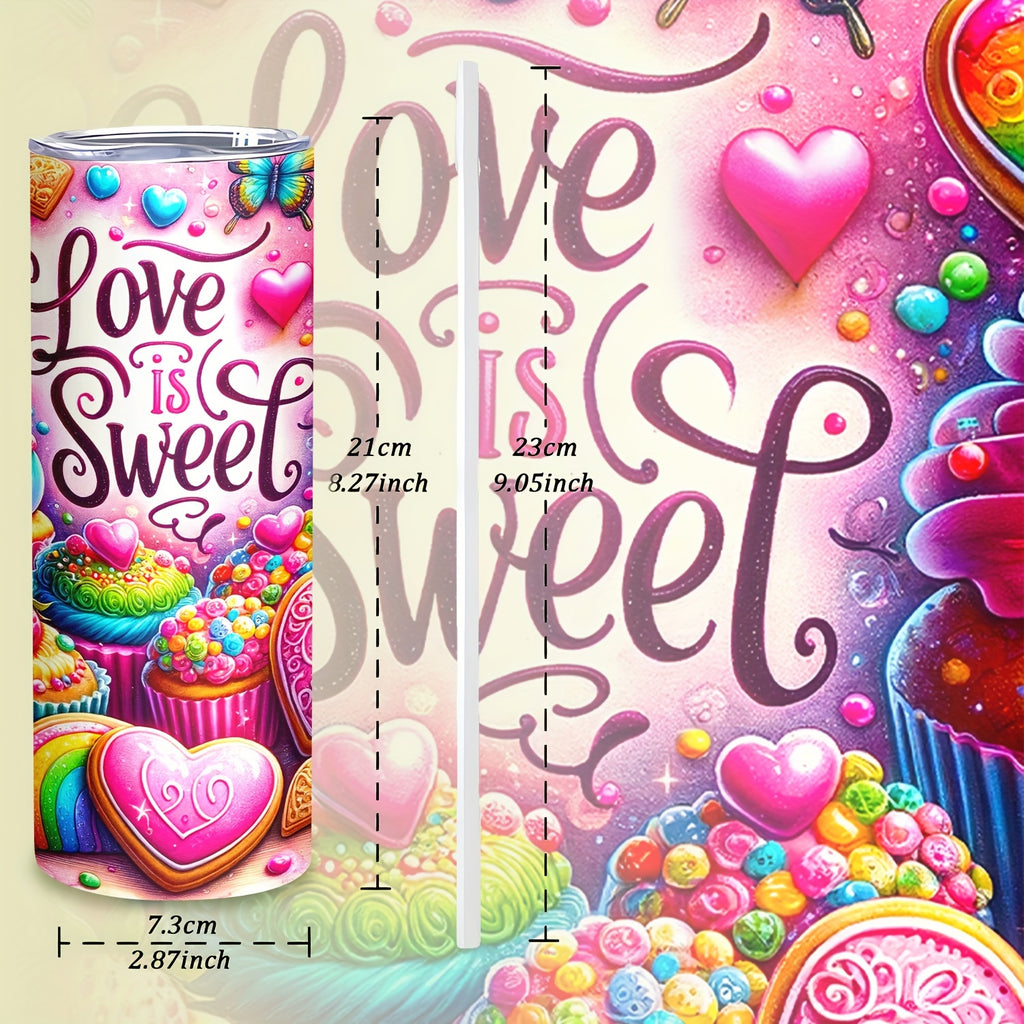 20oz "Love is Sweet" Stainless Steel Water Bottle - Double Wall Insulated, PVC Free, Round Shape, Portable with Lid for Hot and Cold Drinks - For Men & Women - Ideal for Home, Travel, Sports - Perfect Gift for Mom, Lover, Relatives, Sisters, Friends