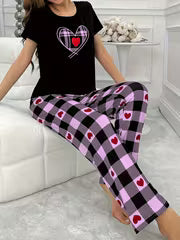 Women'S Heart Plaid Print Casual Pajama Set, Short Sleeve Round Neck Top And Pants, Comfortable Relaxed Fit — view 10