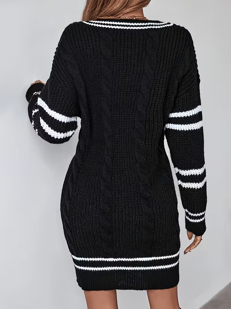 Autumn/Winter Women's Elegant Striped Color-Block Pullover Fabric Dress, Elegant Special Edition — view 6