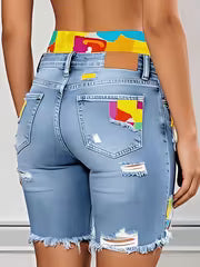 The Last Warm Weekend | Colour-Block Ripped Denim Shorts with Fitness Running Lining