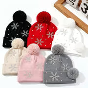 2pcs/1pc Unisex Fall Winter Snowflake Rhinestone Beanie - Fuzzy Pom Beanie, Warm Cold Weather Skull Cap for Men — view 1