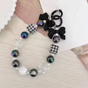 Elegant Black and White Electroplated Beaded Bow Keychain with Pearl and Crystal Accents - Durable ABS Material — view 4