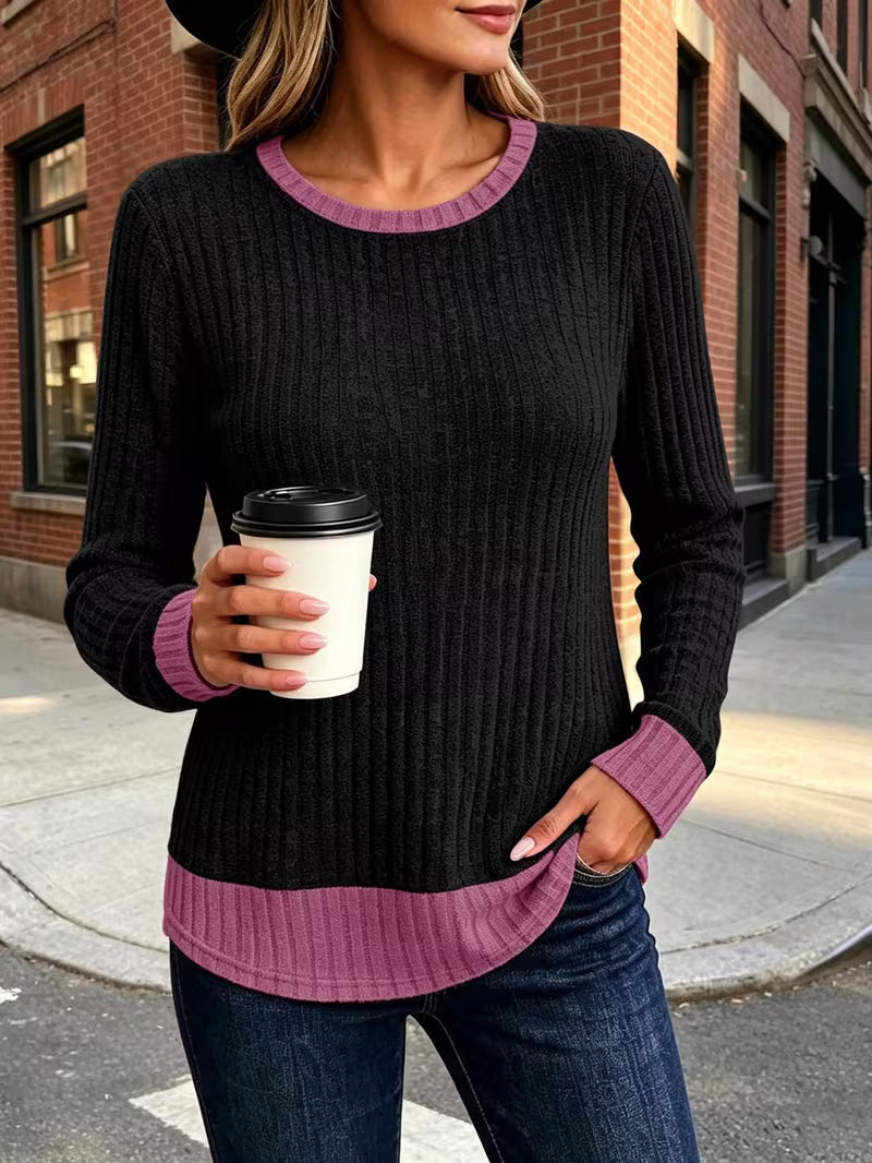 Women's Color Blocked Pit Stripe Round Neck Long Sleeved Contrasting Pullover Casual Loose And Winter Top L XXL — view 8