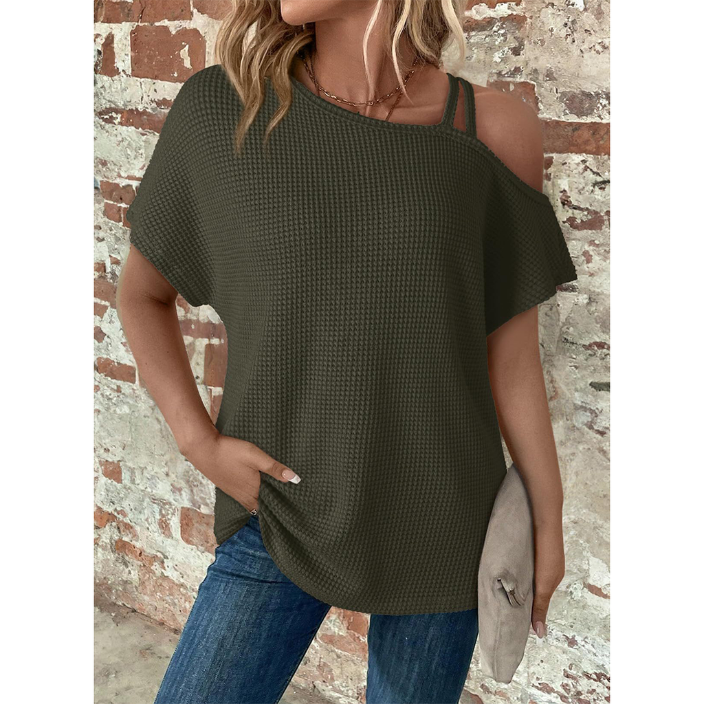 Short Sleeve Color Versatile Off-Shoulder Knit Top AXY048