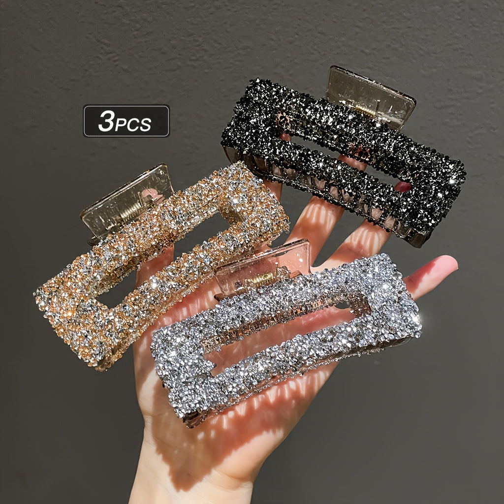 3pcs Set Women's Square Rhinestone Hair Clips, Trendy Rectangular Hair Claws, Suitable for Daily Office Wear, Multi-Functional Back Hair Accessories