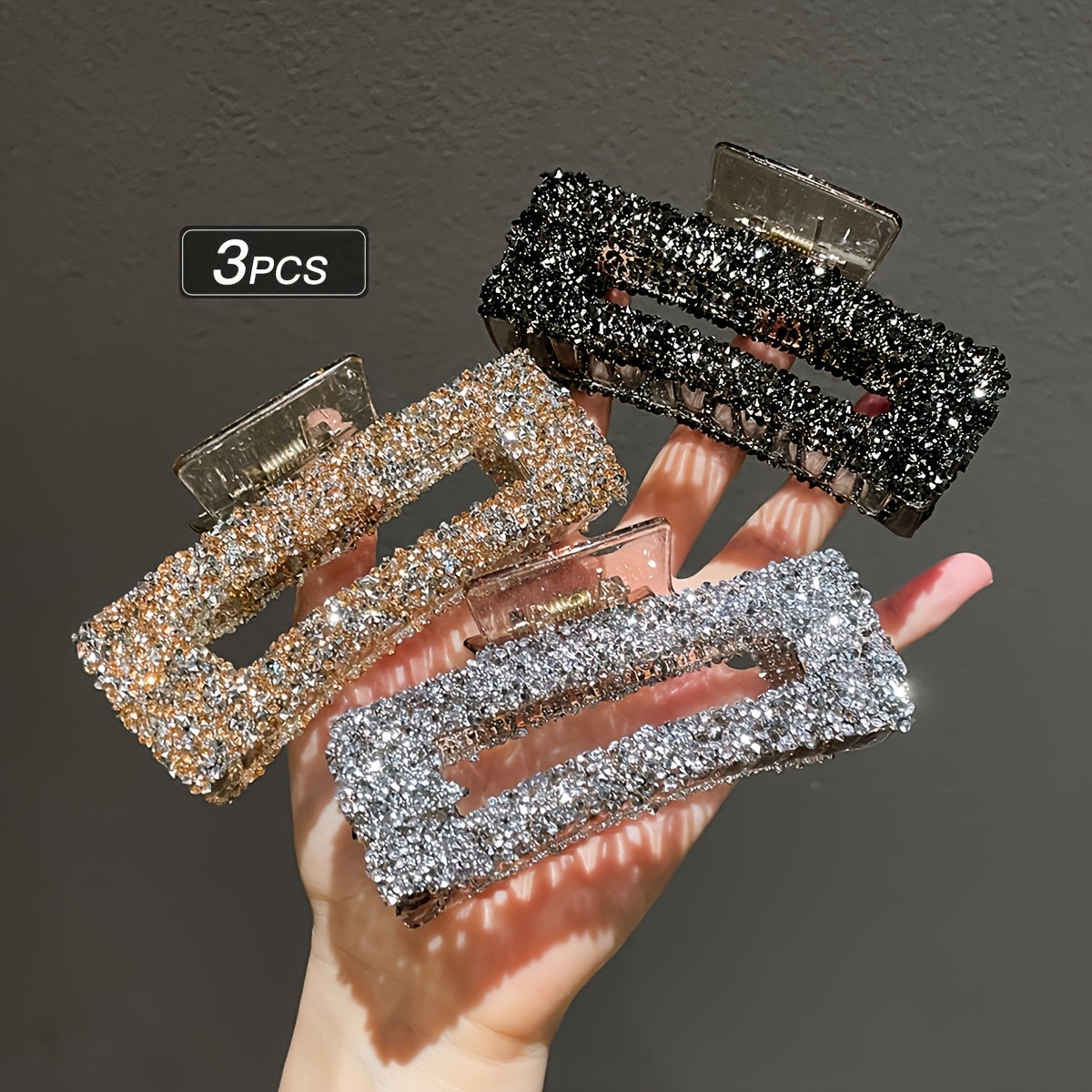 3pcs Set Women's Square Rhinestone Hair Clips, Trendy Rectangular Hair Claws, Suitable for Daily Office Wear, Multi-Functional Back Hair Accessories