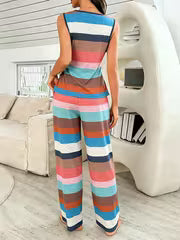 2pcs Spring/summer Multi-color Striped Casual Vest and Pants Pajama Set — view 5