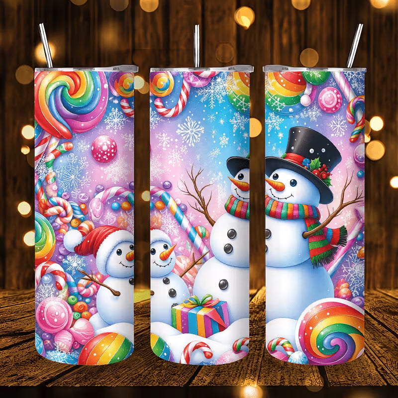 1pc 20Oz Winter Snowman And Colorful Candy Pattern Stainless Steel Insulated Tumbler Coffee Office Travel Mug — view 7