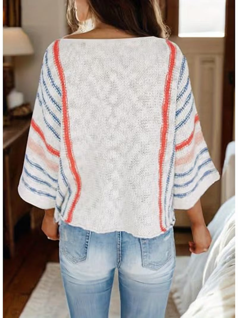 Women's Lightweight Comfy Cable Pullover Sweater - Color Block Striped Boho Chic Off-Shoulder/Boat Neck, Soft — view 6