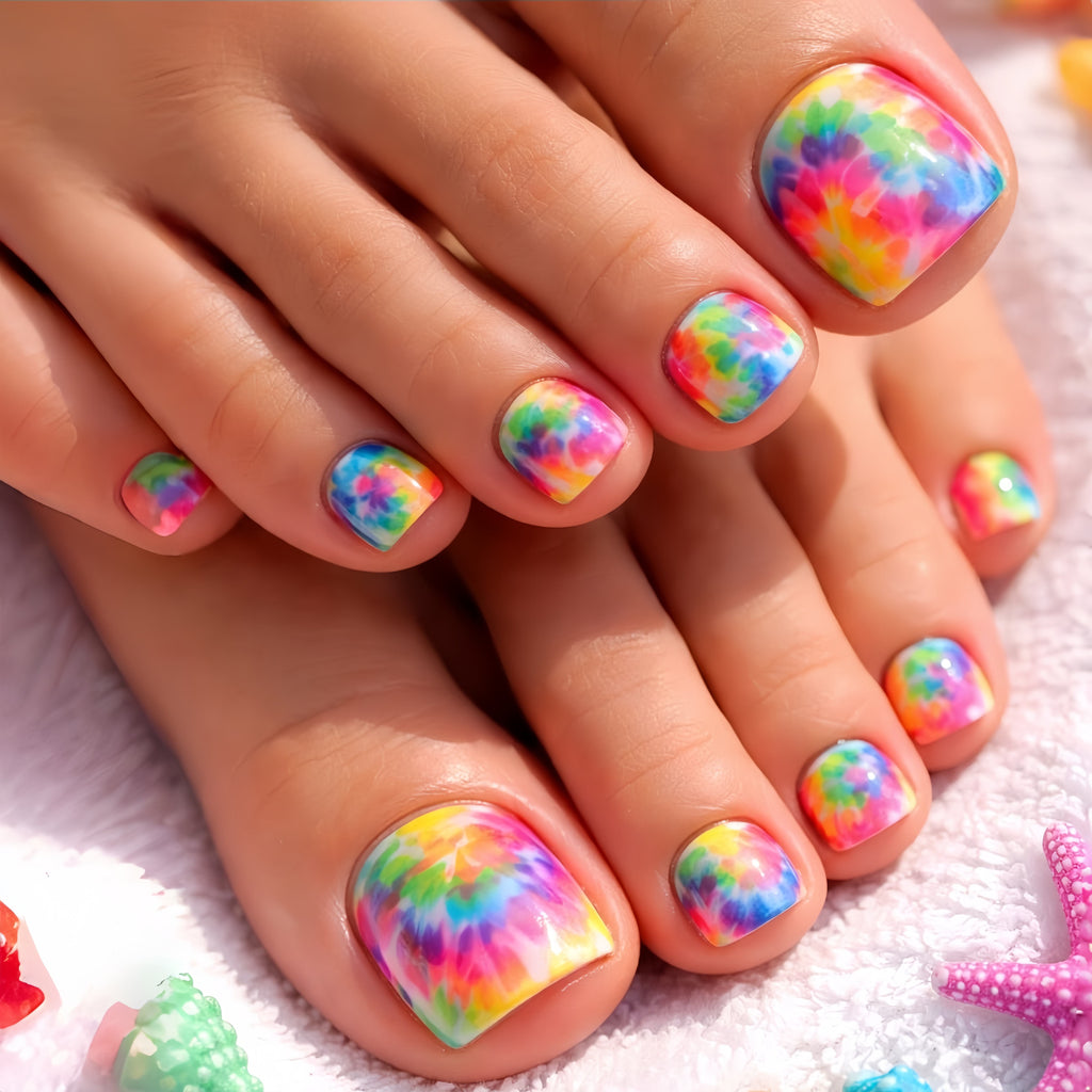 24pcs Rainbow Ombre Watercolor Press-On Nails Toe Nails Short Square Glossy Toenails Universal Reusable Y2K Artistic Style Nail Art Removable Fake Nails Press-On Nails