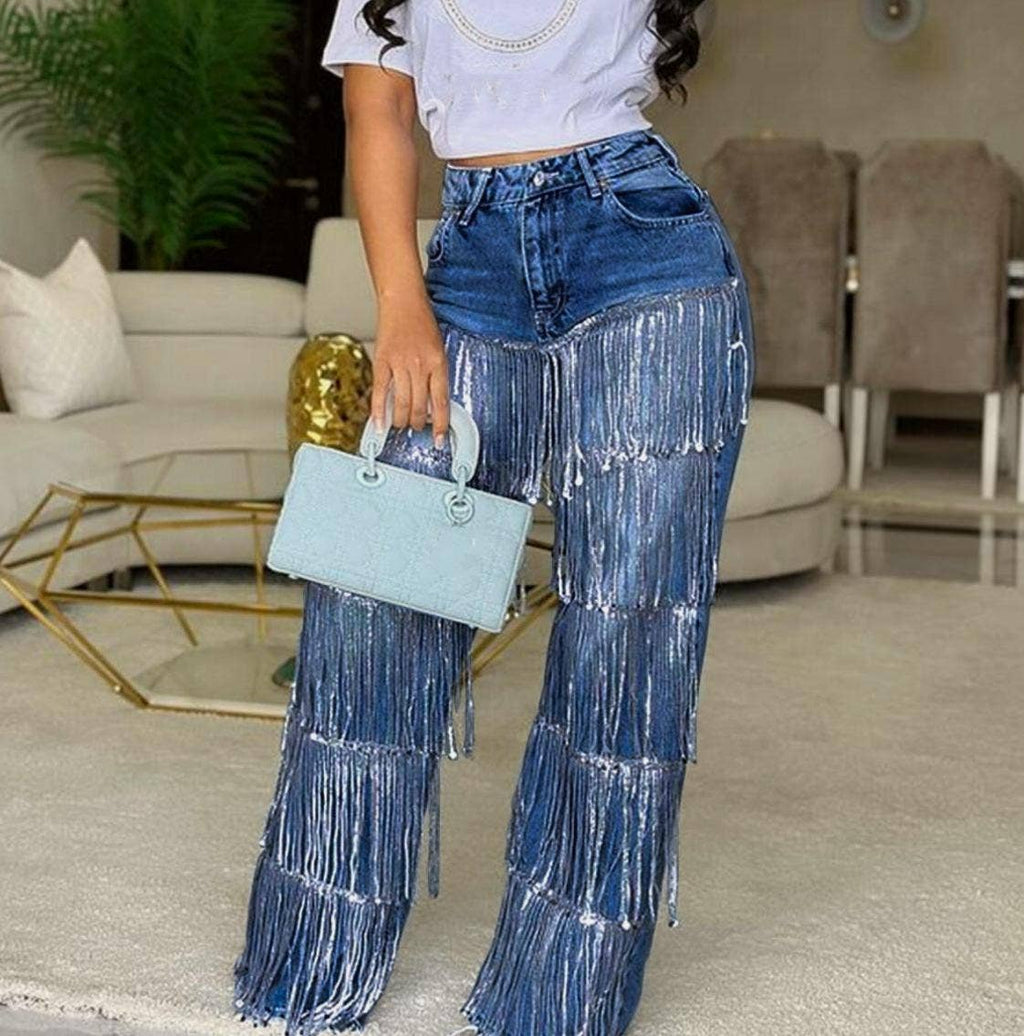 Trendy Tassel Wide-Leg Extra Long Jeans