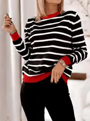 Elegant Color-Block Striped Sweater - Soft Round Neck Pullover with Horizontal Stripes, Medium Stretch Suitable — view 2