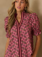 Women Vintage Pink Green Geometric Pattern Puff Short Sleeve Shirt, Smocked Ruffle Cuff Stand Collar Split V — view 1