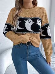 [Halloween] Halloween Women's Casual Autumn And Winter Striped Color-Block Ghost Pattern Long-Sleeve Pullover — view 10