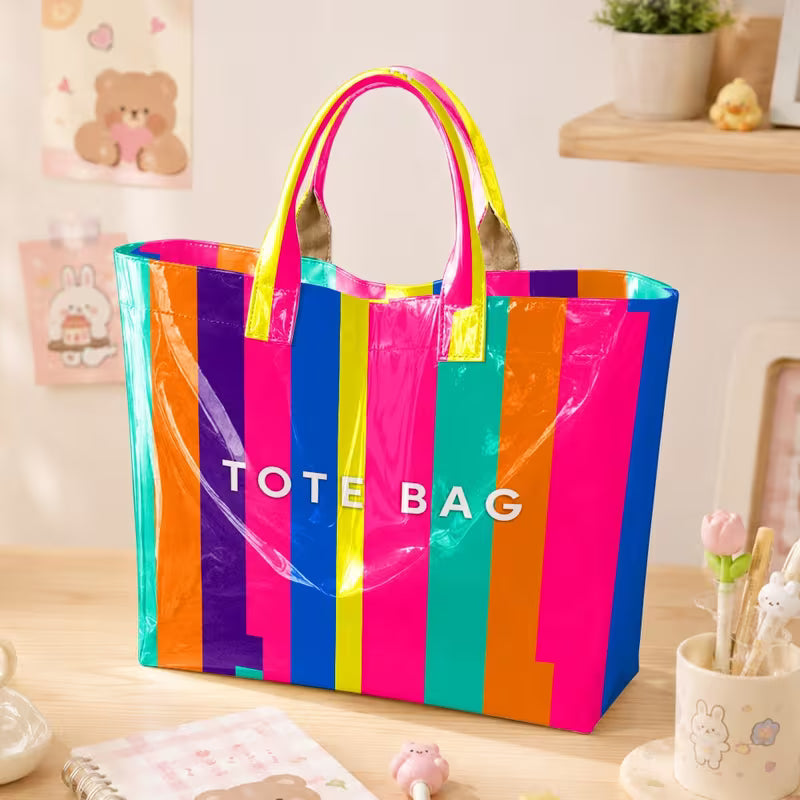 High-Saturation Neon Stripe Jelly Bag | American Retro Color Block Tote, Perfect for Pool Play, Road Trips, And — view 13