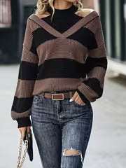 Women's Round Neck Sweater with Contrast Color Block Stripes, Waffle, Long Sleeves, Ribbed Cuffs, Loose Fit — view 2