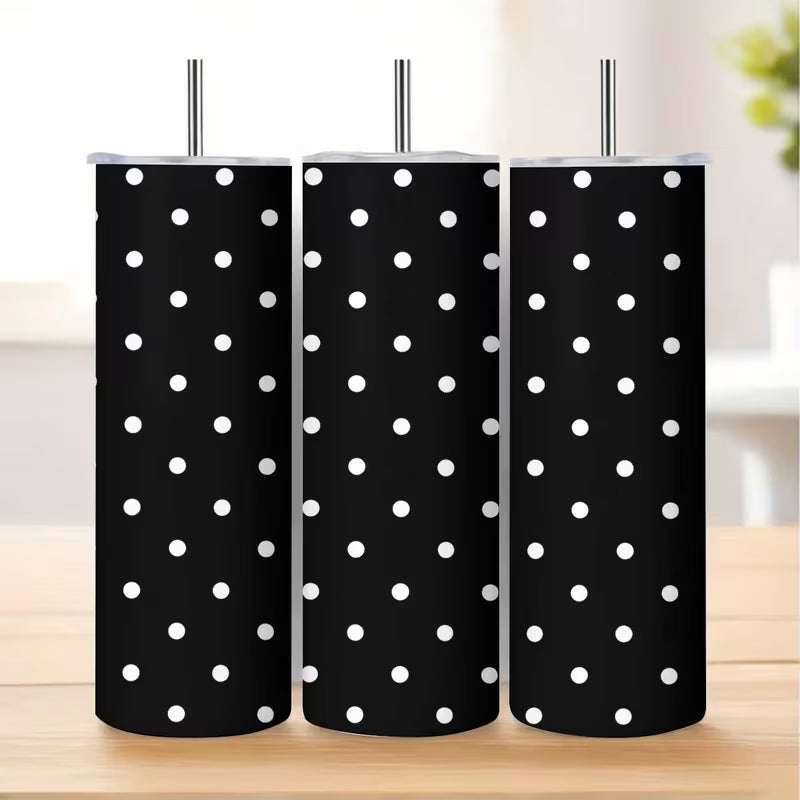 1pc 20Oz Black And White Polka Dot Pattern Stainless Steel Insulated Tumbler Coffee Office Travel Mug with Lid — view 11