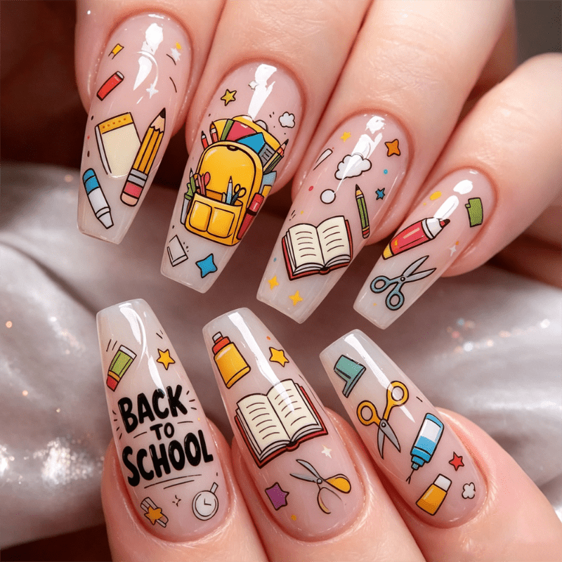 72pcs Long Ballet Press-On Nails, Back to School Nude Design with School Bag, Book, Pencil, Scissors & 'Back to School' Print, Glossy Smooth End, Durable And Easy to Apply, Reusable False Nails for Students, Daily And Casual Wear