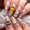 72pcs Long Ballet Press-On Nails, Back to School Nude Design with School Bag, Book, Pencil, Scissors & 'Back to School' Print, Glossy Smooth End, Durable And Easy to Apply, Reusable False Nails for Students, Daily And Casual Wear