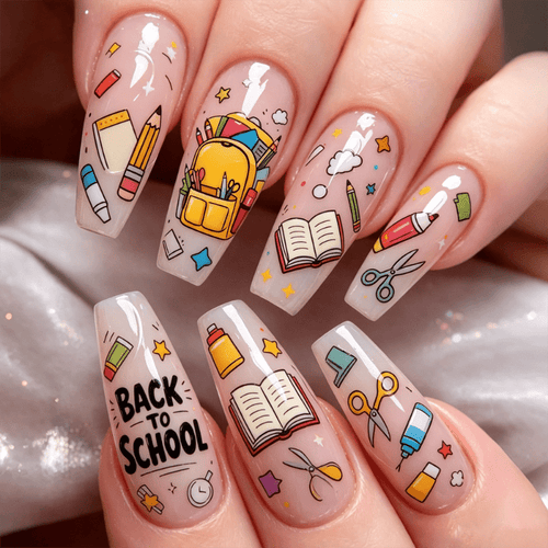 72pcs Long Ballet Press-On Nails, Back to School Nude Design with School Bag, Book, Pencil, Scissors & 'Back to School' Print, Glossy Smooth End, Durable And Easy to Apply, Reusable False Nails for Students, Daily And Casual Wear