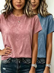 Women's Fashionable Retro Solid Color 2pcs Washed T-Shirts, 2 Versatile Solid Color Washed Retro T-Shirts — view 1