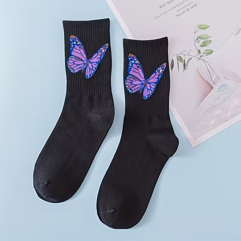 6 Pairs of Women'S Butterfly Print Mid-Calf Socks in a Variety of Colors. Made from Soft, Stretchy Fabric, They — view 12