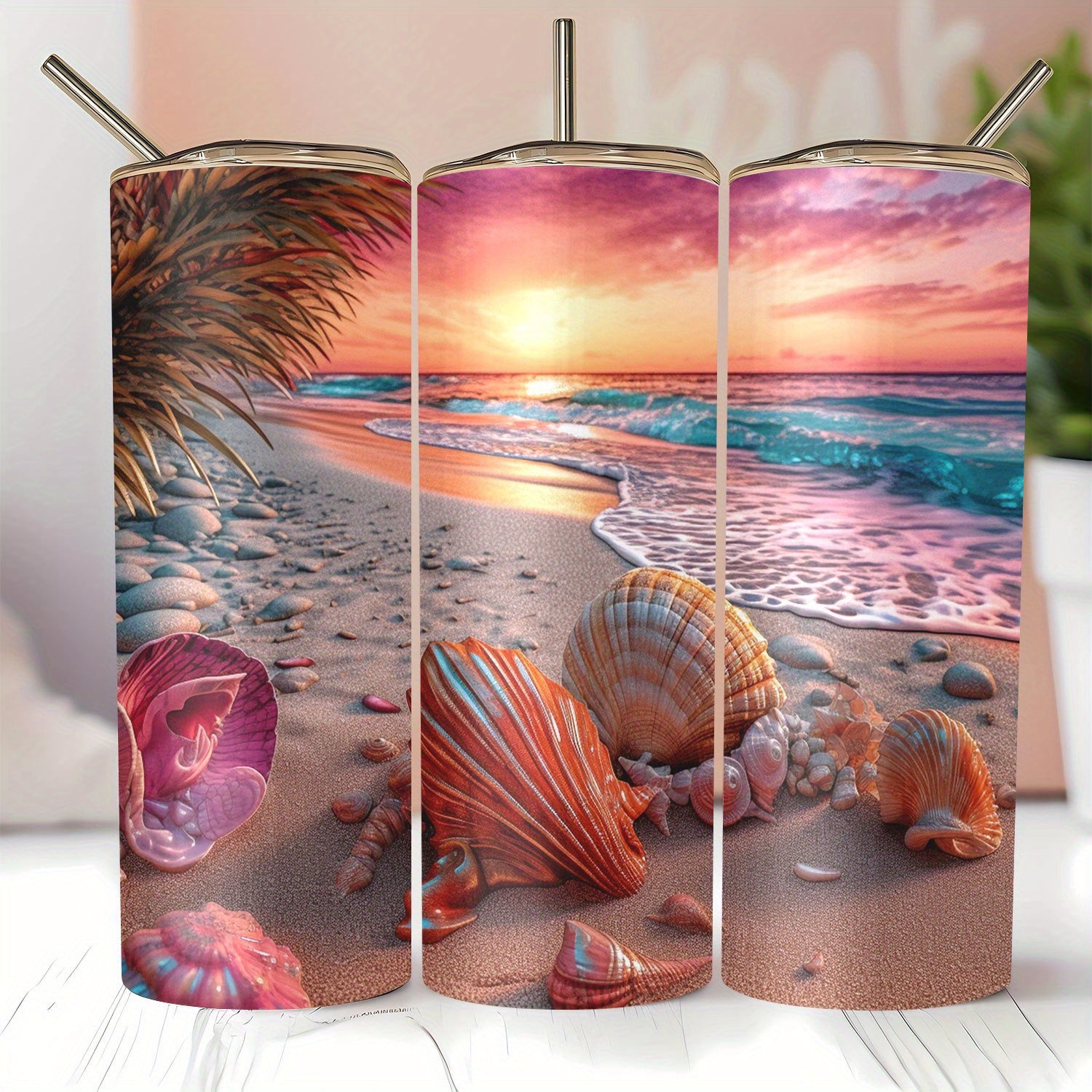 20oz Stainless Steel Tumbler with Seashell Beach Design - Vacuum Insulated Travel Mug with Lid and Straw